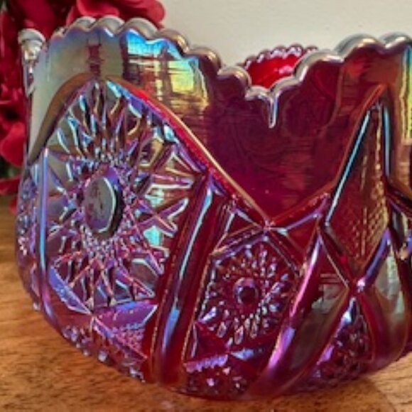 Indiana Glass Heirloom Sunset Ruby Red Carnival Glass Bowl Scalloped Rim Vintage - Picture 5 of 7